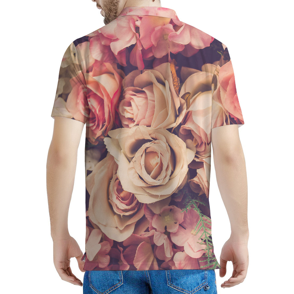 Retro Pink Roses Floral Print Men's Polo Shirt