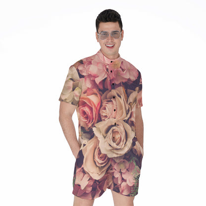 Retro Pink Roses Floral Print Men's Rompers