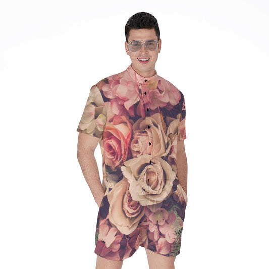 Retro Pink Roses Floral Print Men's Rompers