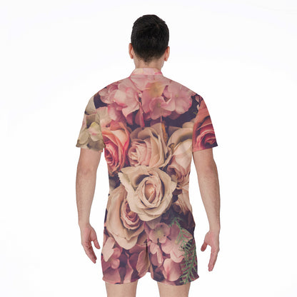 Retro Pink Roses Floral Print Men's Rompers