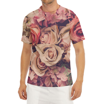 Retro Pink Roses Floral Print Men's Short Sleeve Rash Guard