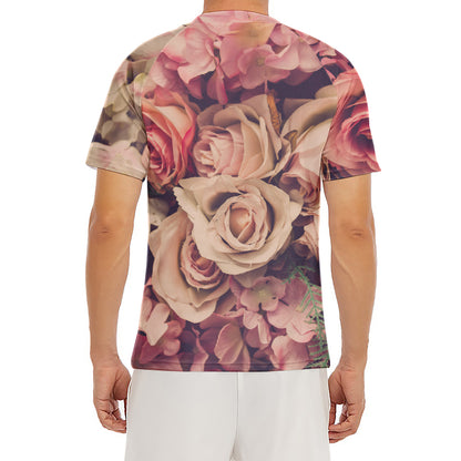 Retro Pink Roses Floral Print Men's Short Sleeve Rash Guard