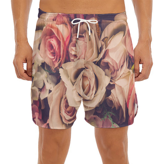 Retro Pink Roses Floral Print Men's Split Running Shorts