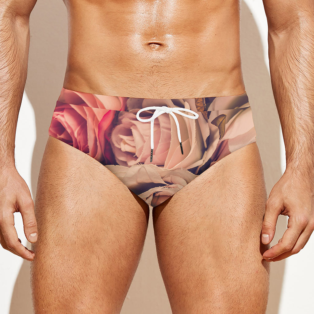 Retro Pink Roses Floral Print Men's Swim Briefs