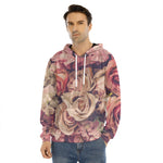 Retro Pink Roses Floral Print Men's Velvet Pullover Hoodie