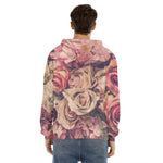 Retro Pink Roses Floral Print Men's Velvet Pullover Hoodie