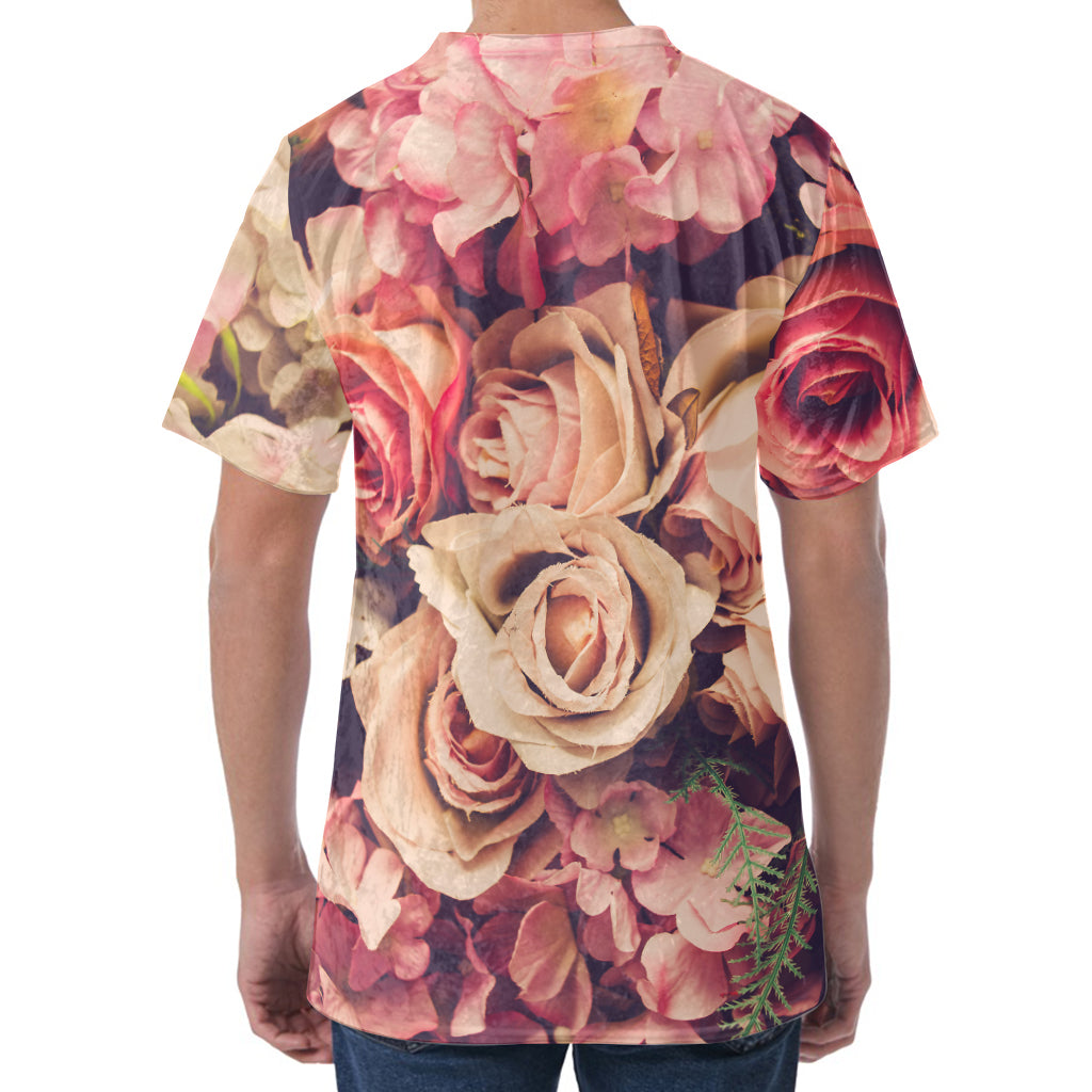 Retro Pink Roses Floral Print Men's Velvet T-Shirt