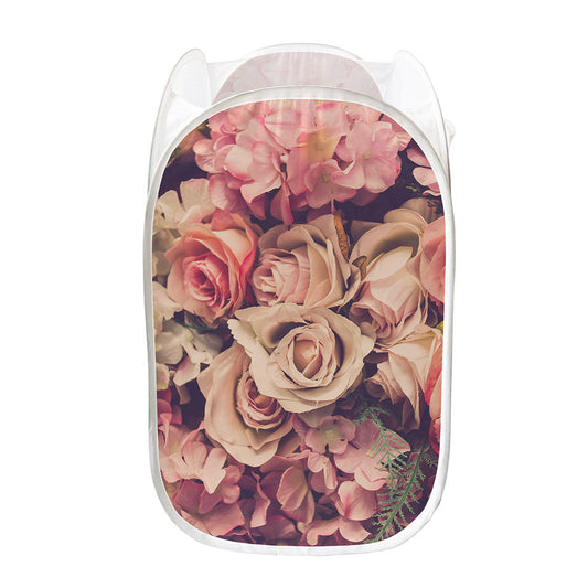 Retro Pink Roses Floral Print Mesh Laundry Hamper