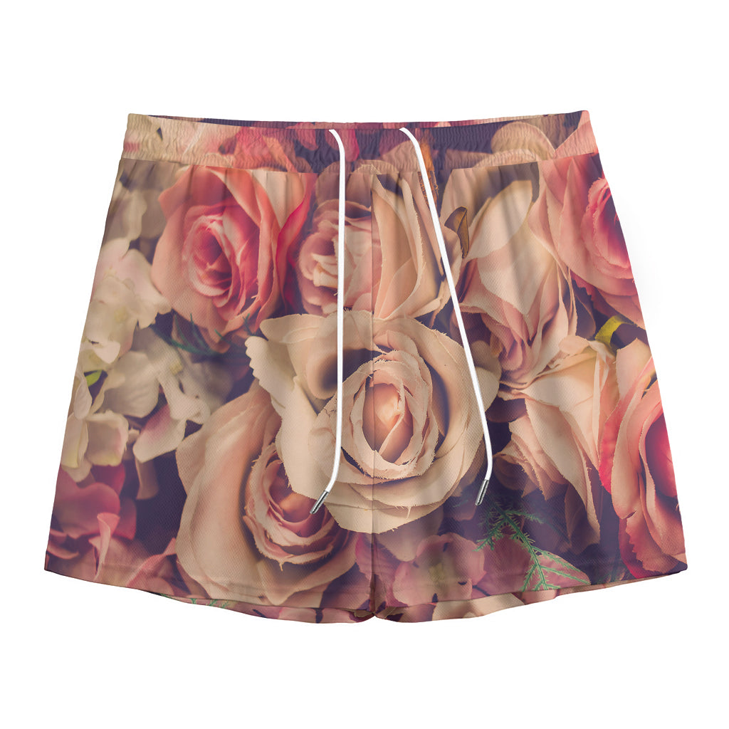 Retro Pink Roses Floral Print Mesh Shorts
