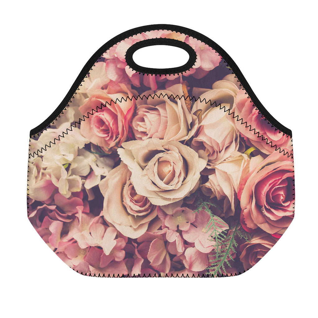 Retro Pink Roses Floral Print Neoprene Lunch Bag