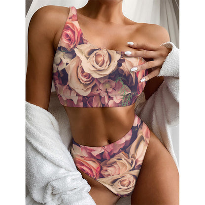Retro Pink Roses Floral Print One Shoulder Bikini Top