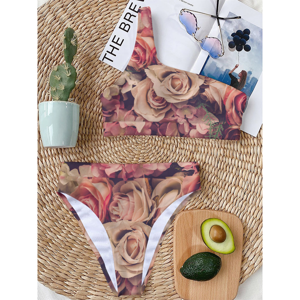 Retro Pink Roses Floral Print One Shoulder Bikini Top