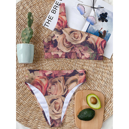 Retro Pink Roses Floral Print One Shoulder Bikini Top