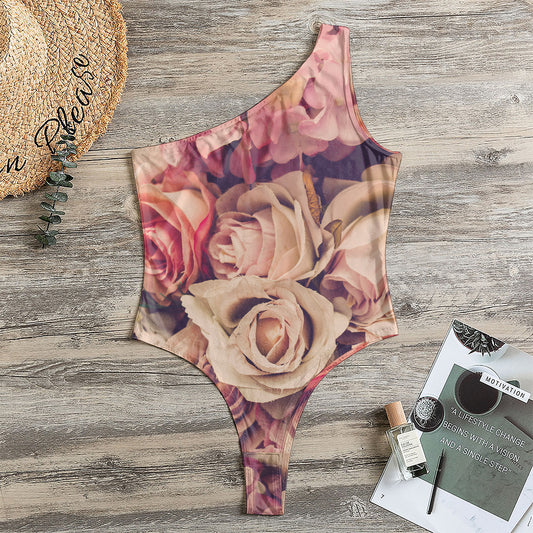 Retro Pink Roses Floral Print One Shoulder Bodysuit