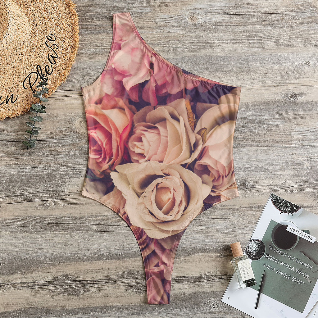 Retro Pink Roses Floral Print One Shoulder Bodysuit
