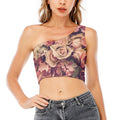Retro Pink Roses Floral Print One Shoulder Crop Top