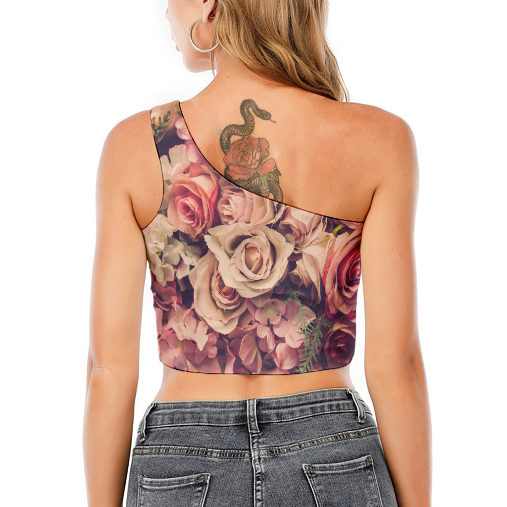 Retro Pink Roses Floral Print One Shoulder Crop Top