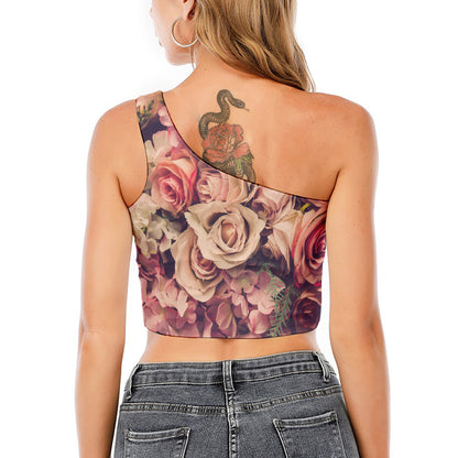 Retro Pink Roses Floral Print One Shoulder Crop Top