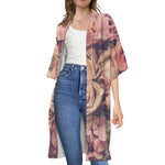 Retro Pink Roses Floral Print Open Front Beach Cover Up