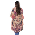 Retro Pink Roses Floral Print Open Front Beach Cover Up