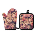 Retro Pink Roses Floral Print Oven Mitt And Pot Holder Set
