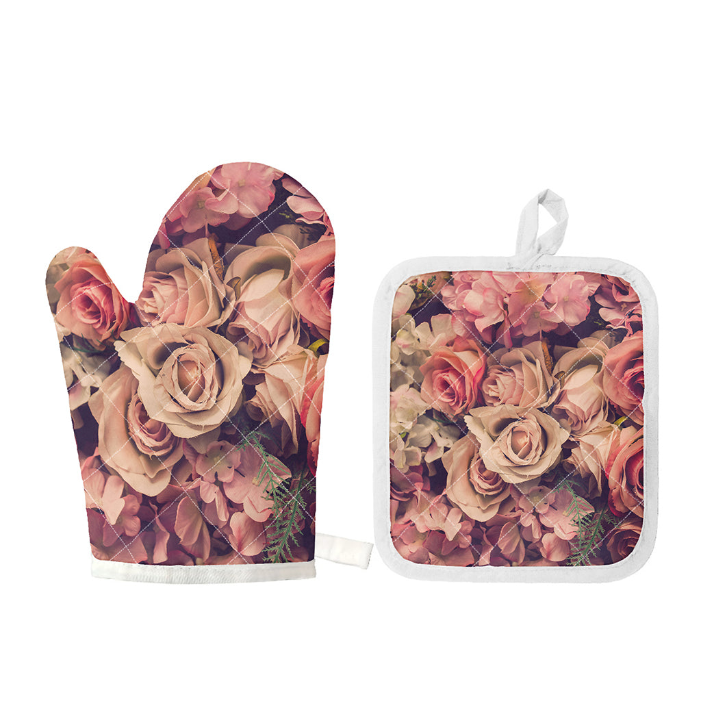 Retro Pink Roses Floral Print Oven Mitt And Pot Holder Set