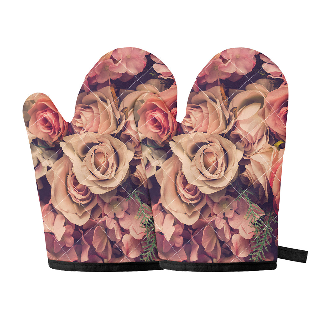 Retro Pink Roses Floral Print Oven Mitts