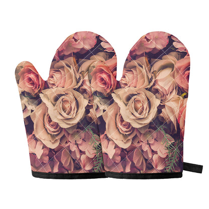 Retro Pink Roses Floral Print Oven Mitts
