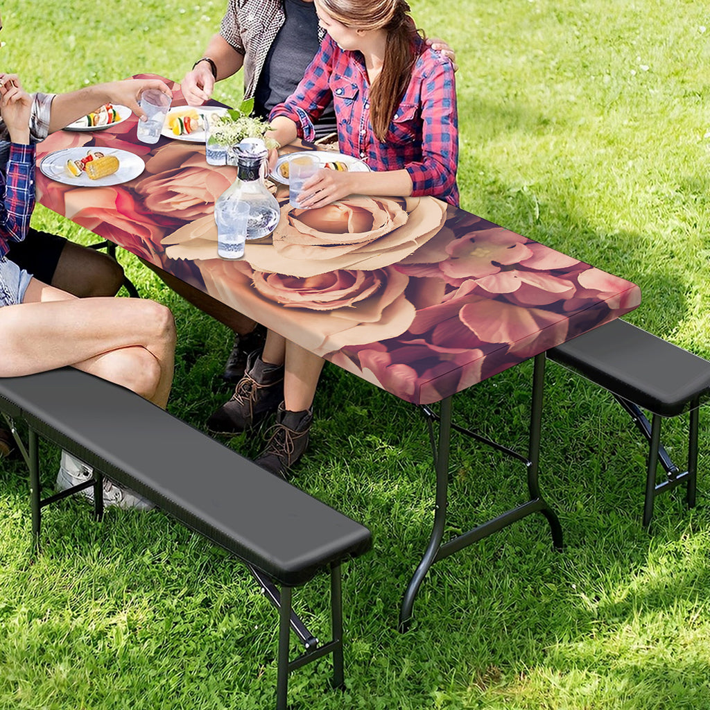 Retro Pink Roses Floral Print Picnic Table Cover