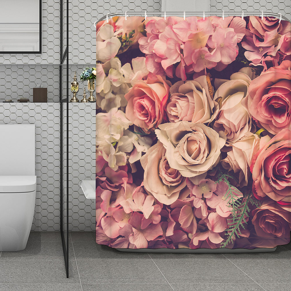 Retro Pink Roses Floral Print Polyester Shower Curtain