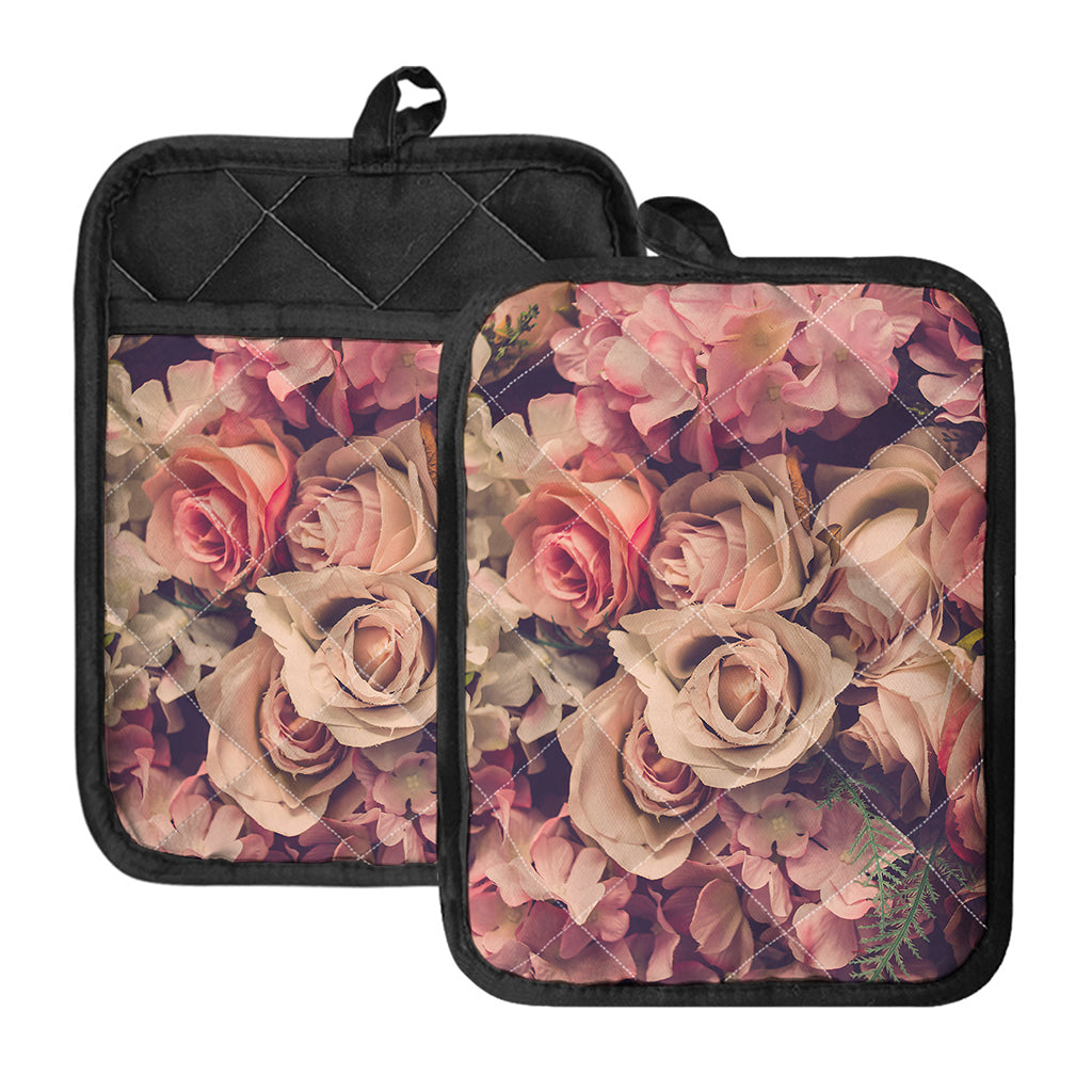 Retro Pink Roses Floral Print Pot Holders With Pocket