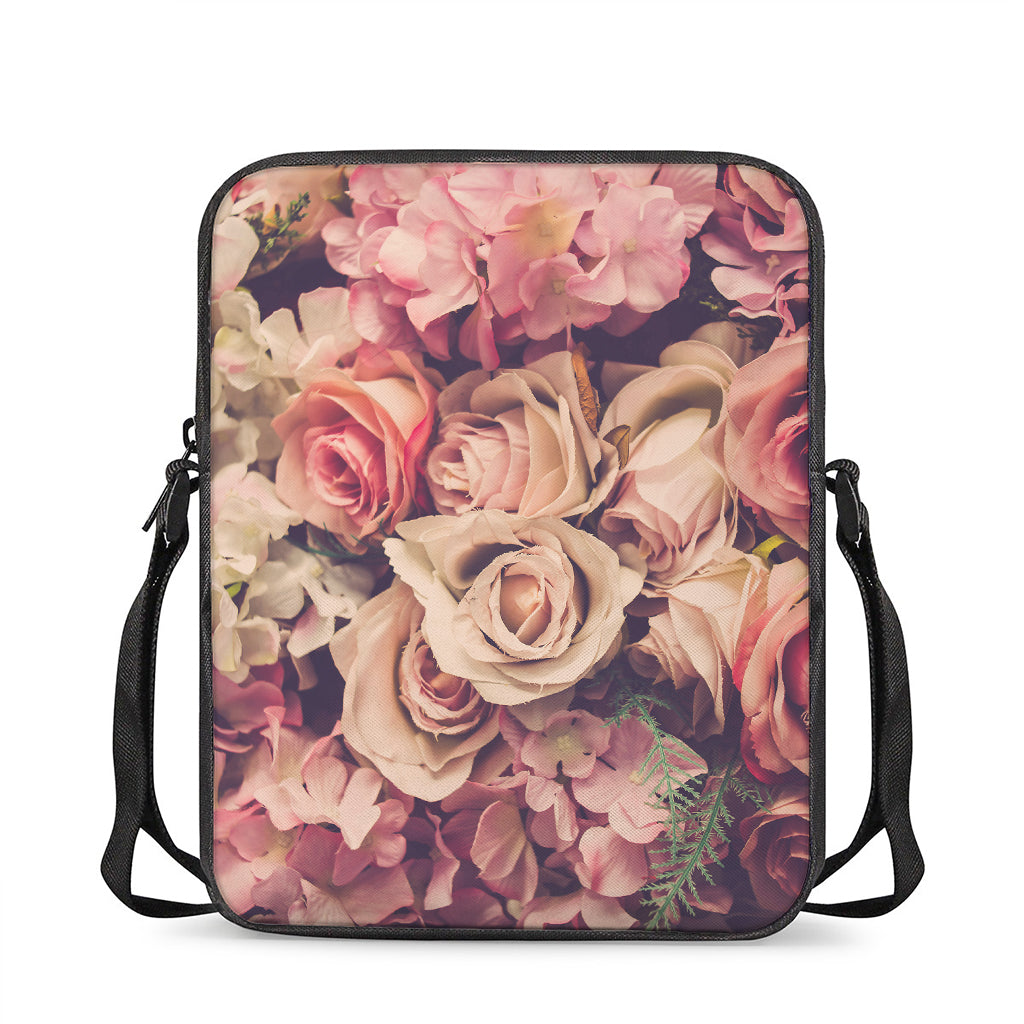 Retro Pink Roses Floral Print Rectangular Crossbody Bag