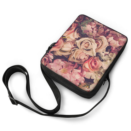 Retro Pink Roses Floral Print Rectangular Crossbody Bag
