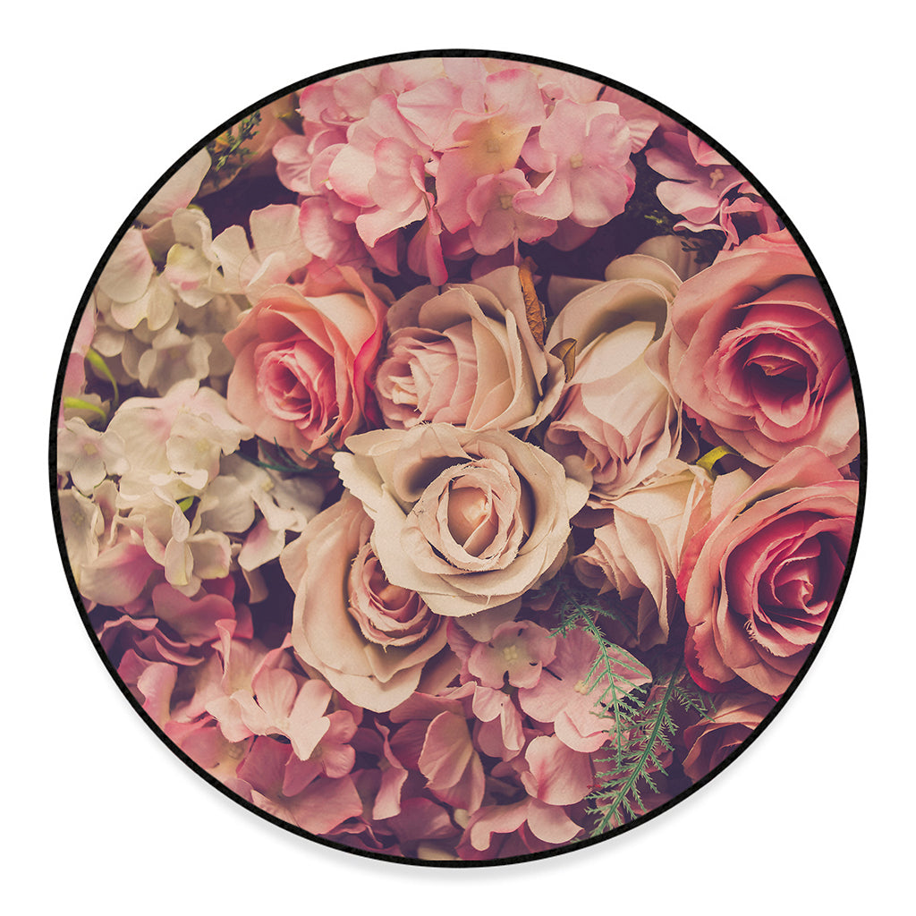 Retro Pink Roses Floral Print Round Floor Mat