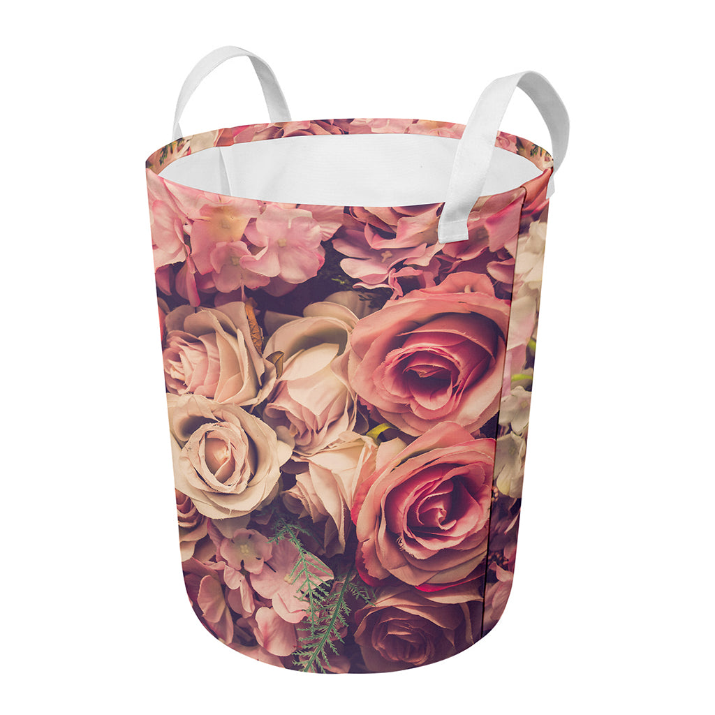 Retro Pink Roses Floral Print Round Laundry Basket
