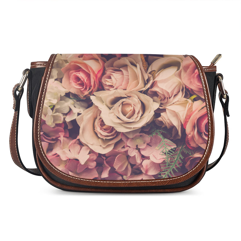 Retro Pink Roses Floral Print Saddle Bag