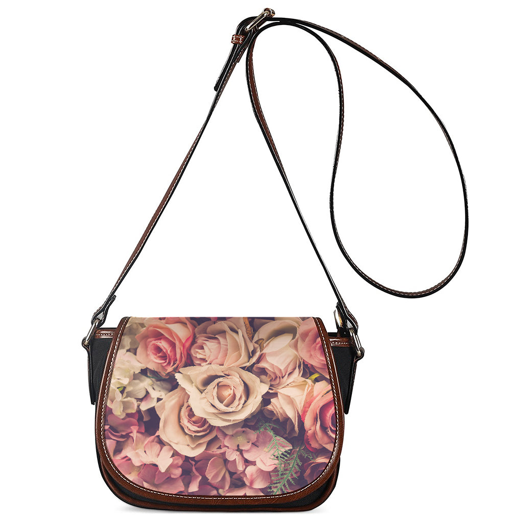 Retro Pink Roses Floral Print Saddle Bag
