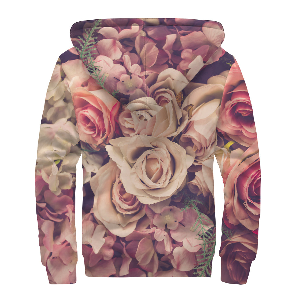 Retro Pink Roses Floral Print Sherpa Lined Zip Up Hoodie