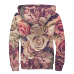 Retro Pink Roses Floral Print Sherpa Lined Zip Up Hoodie