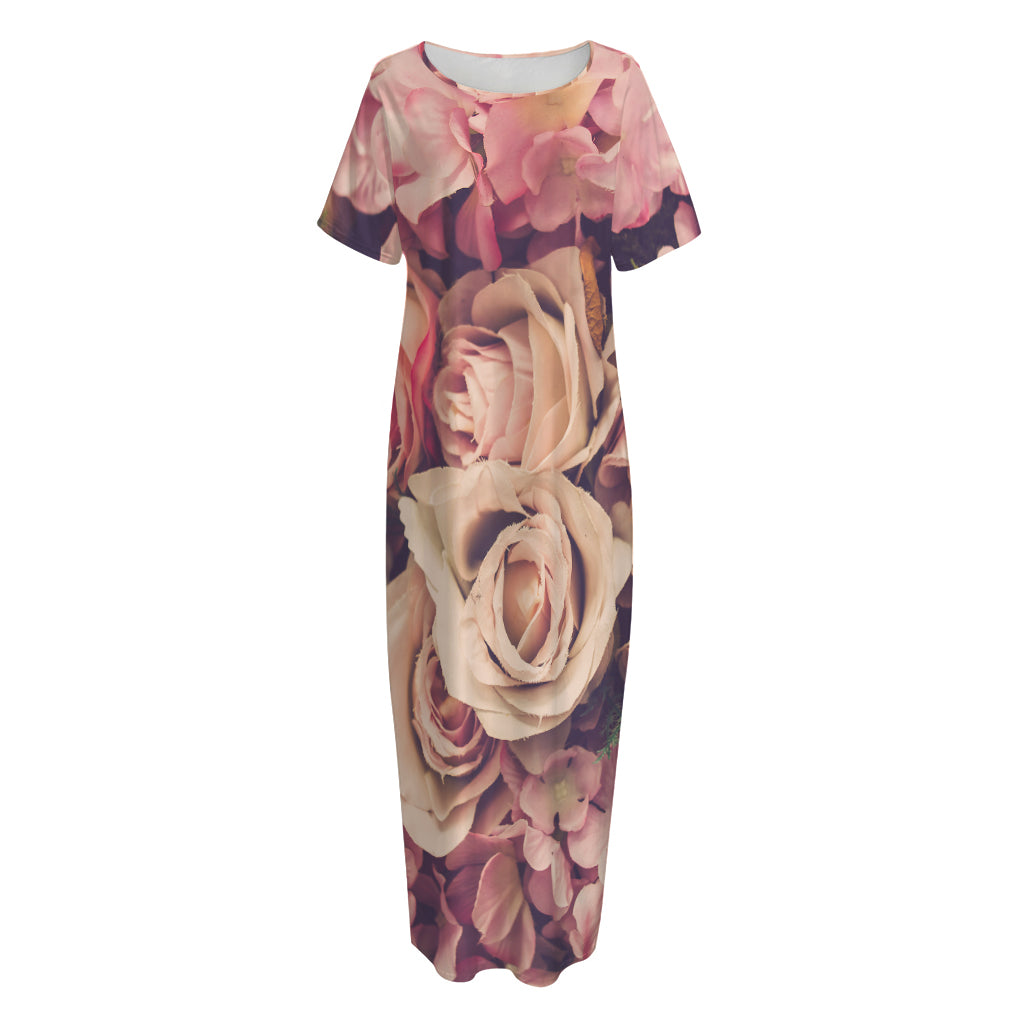 Retro Pink Roses Floral Print Short Sleeve Long Nightdress