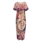 Retro Pink Roses Floral Print Short Sleeve Long Nightdress