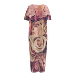 Retro Pink Roses Floral Print Short Sleeve Long Nightdress