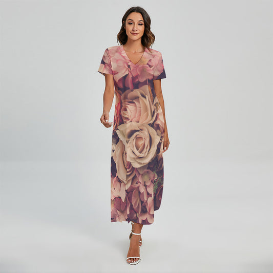 Retro Pink Roses Floral Print Short Sleeve Maxi Dress