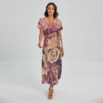 Retro Pink Roses Floral Print Short Sleeve Maxi Dress