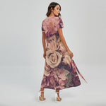 Retro Pink Roses Floral Print Short Sleeve Maxi Dress