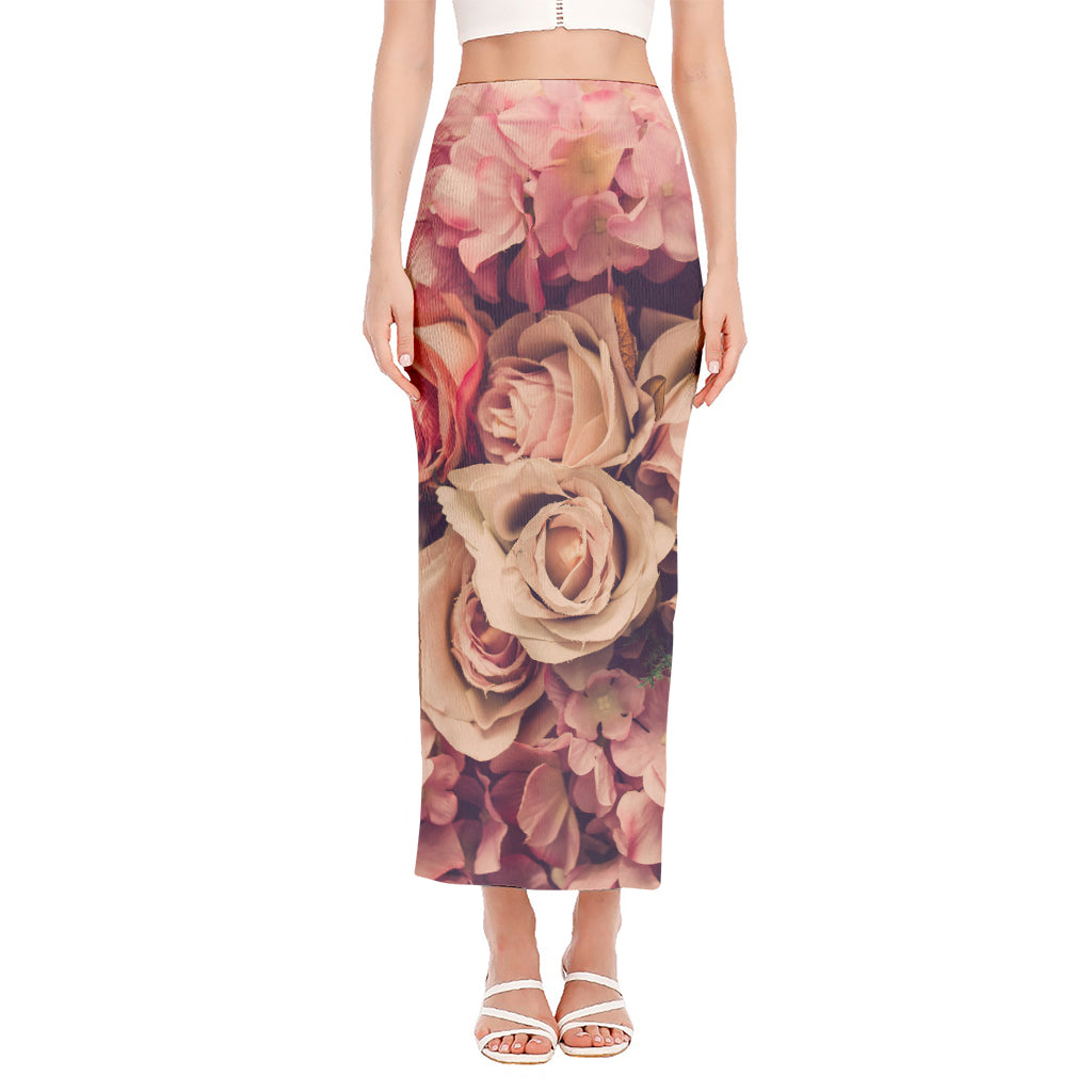 Retro Pink Roses Floral Print Side Slit Maxi Skirt
