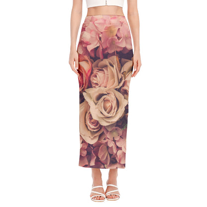 Retro Pink Roses Floral Print Side Slit Maxi Skirt