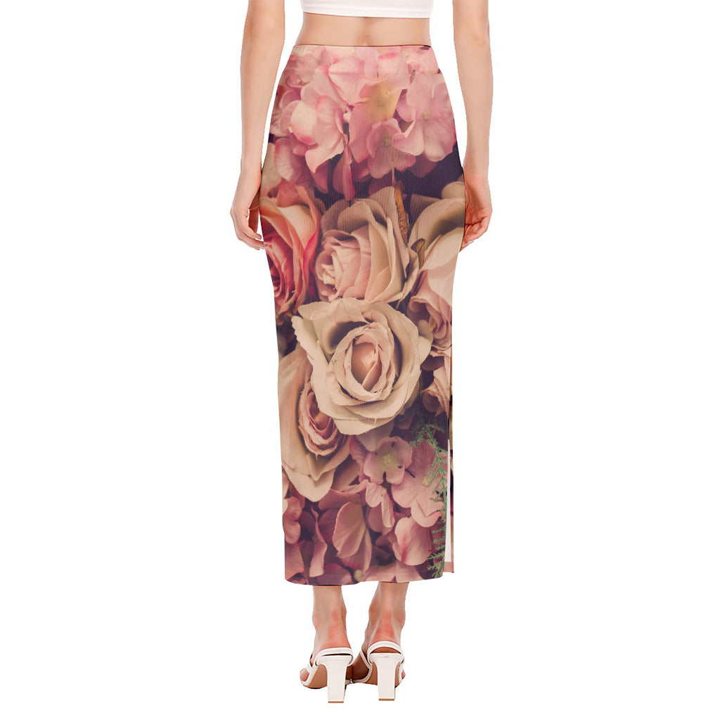 Retro Pink Roses Floral Print Side Slit Maxi Skirt