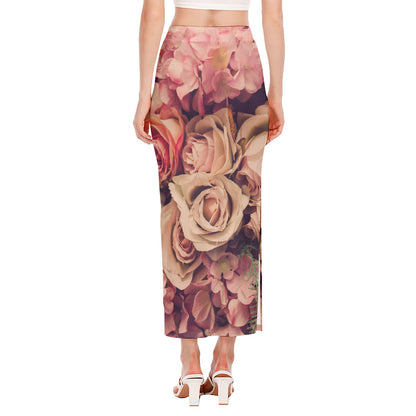 Retro Pink Roses Floral Print Side Slit Maxi Skirt