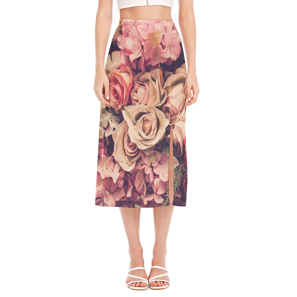 Retro Pink Roses Floral Print Side Slit Midi Skirt